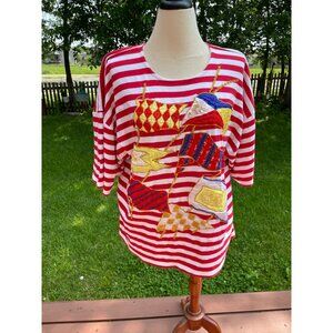 Vintage NUR Red & White Striped Cotton Top With Nautical Appliqué